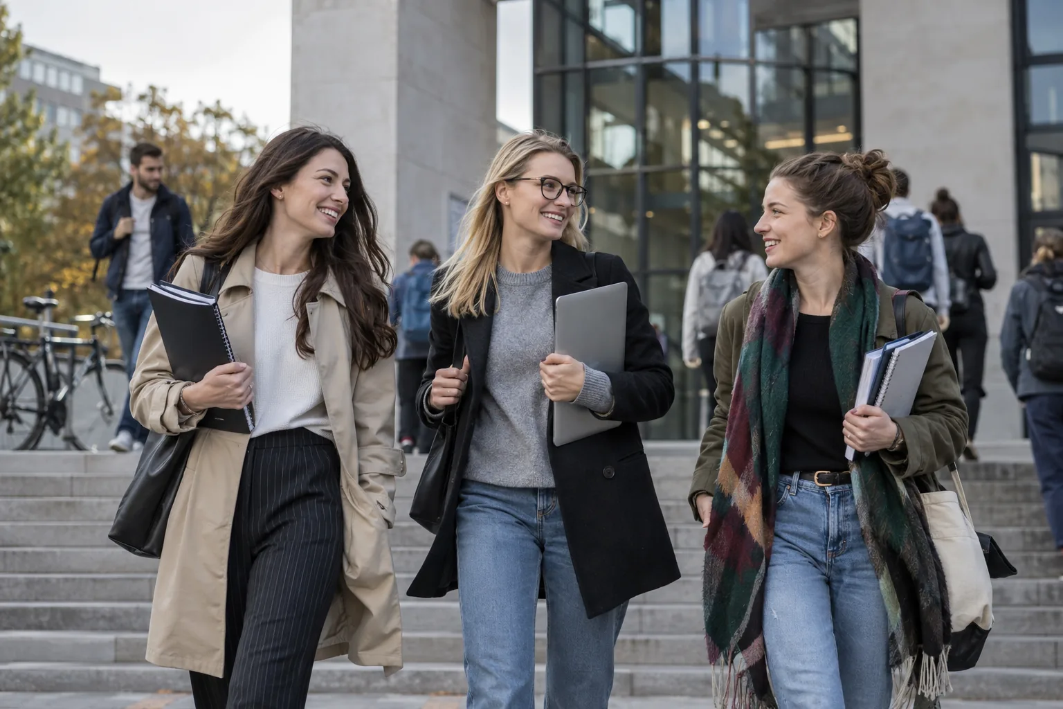 Trzy dorosłe studentki wychodzące z uczelni po zajęciach
