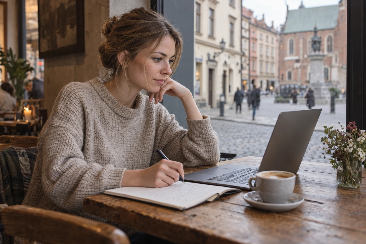 Dorosła kobieta korzysta z laptopa w kawiarni